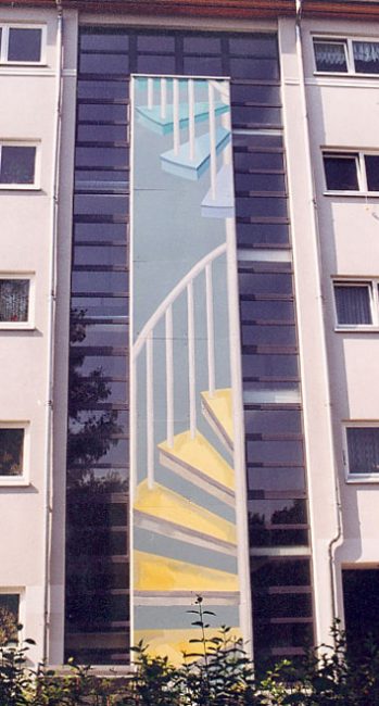 Vier Fassadenbilder vor je einer Glasfront - An der Wuhlheide 88-94, Berlin-Köpenick, 1997/98
 Four facade pictures, each before a glass front