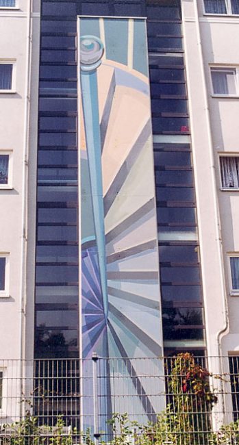 Vier Fassadenbilder vor je einer Glasfront - An der Wuhlheide 88-94, Berlin-Köpenick, 1997/98
 Four facade pictures, each before a glass front