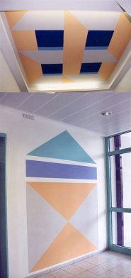 One on five designs for the
 entrance area of high-rise
 buildings
Eine von fünf Geometrie-
 Variationen für die Eingangs-
 bereiche von Hochhäusern.
 Hier: Müggelschlösschenweg 36,
 Berlin-Köpenick 1997/98