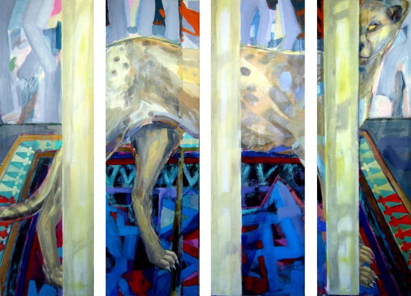 Cheetah behind Columns, screen, four parts, Acrylic / Cotton, 175 x 200 cm