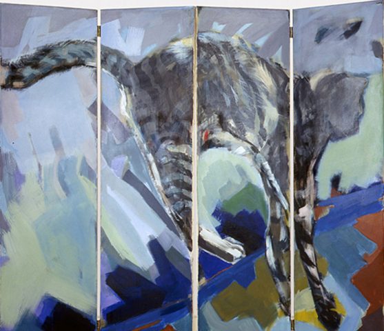 Jumping Cat, Screen, Four Parts, Acrylic / Canvas, 160 x 180 cm