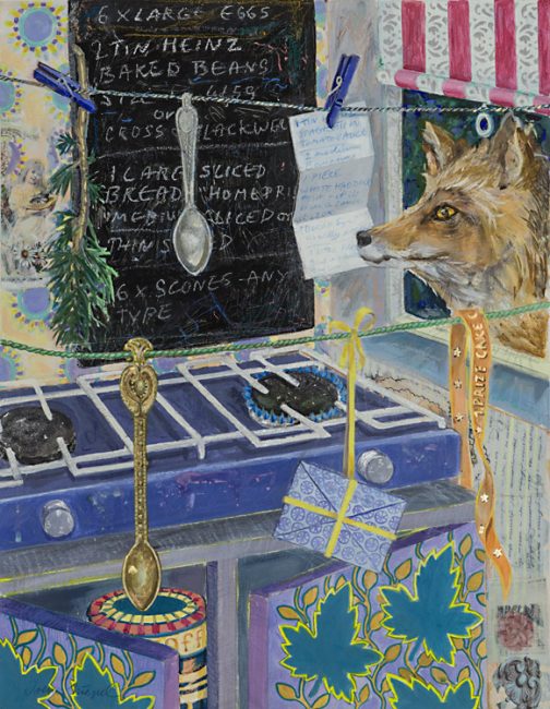 Shopping List, Acrylic / Chalk / Paper, 63 x 50 cm